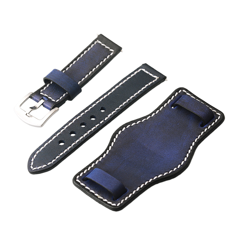 20/22/24mm Full-Grain Cowhide Hand-Dyed Vintage Base Tray Watch Strap - Thick-Stitched, In-Stock Cross-Border Best-Seller