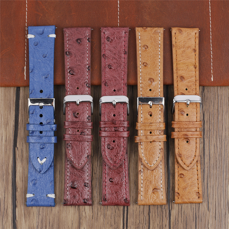 牛皮头层皮真皮手工复古鸵鸟纹表带18 20 22 24mm车线手表带 KZTN